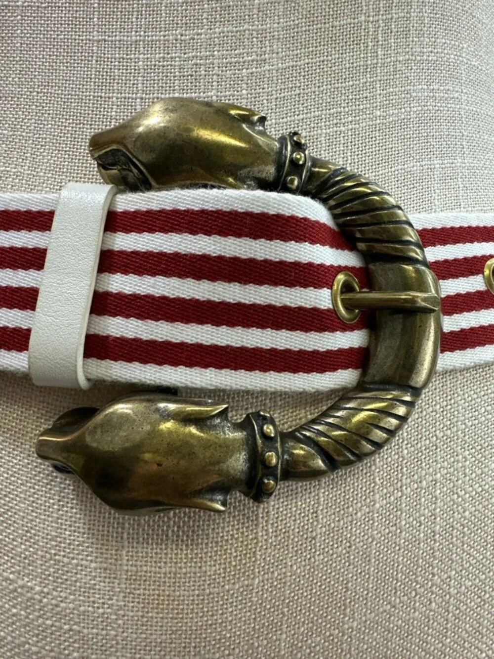 Brass Jaguar Head Buckle Red White Stripe Statement Belt Womens